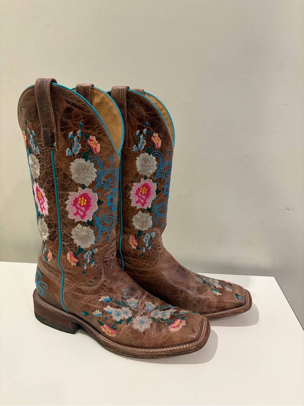 Brown Embroidered Floral Cowboy Boots with Turquoise Trim